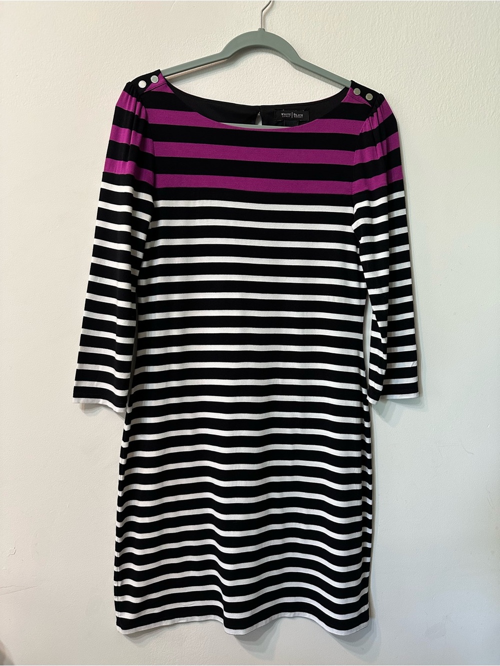White House Black Market Striped Knit Shift Dress Black White Purple M